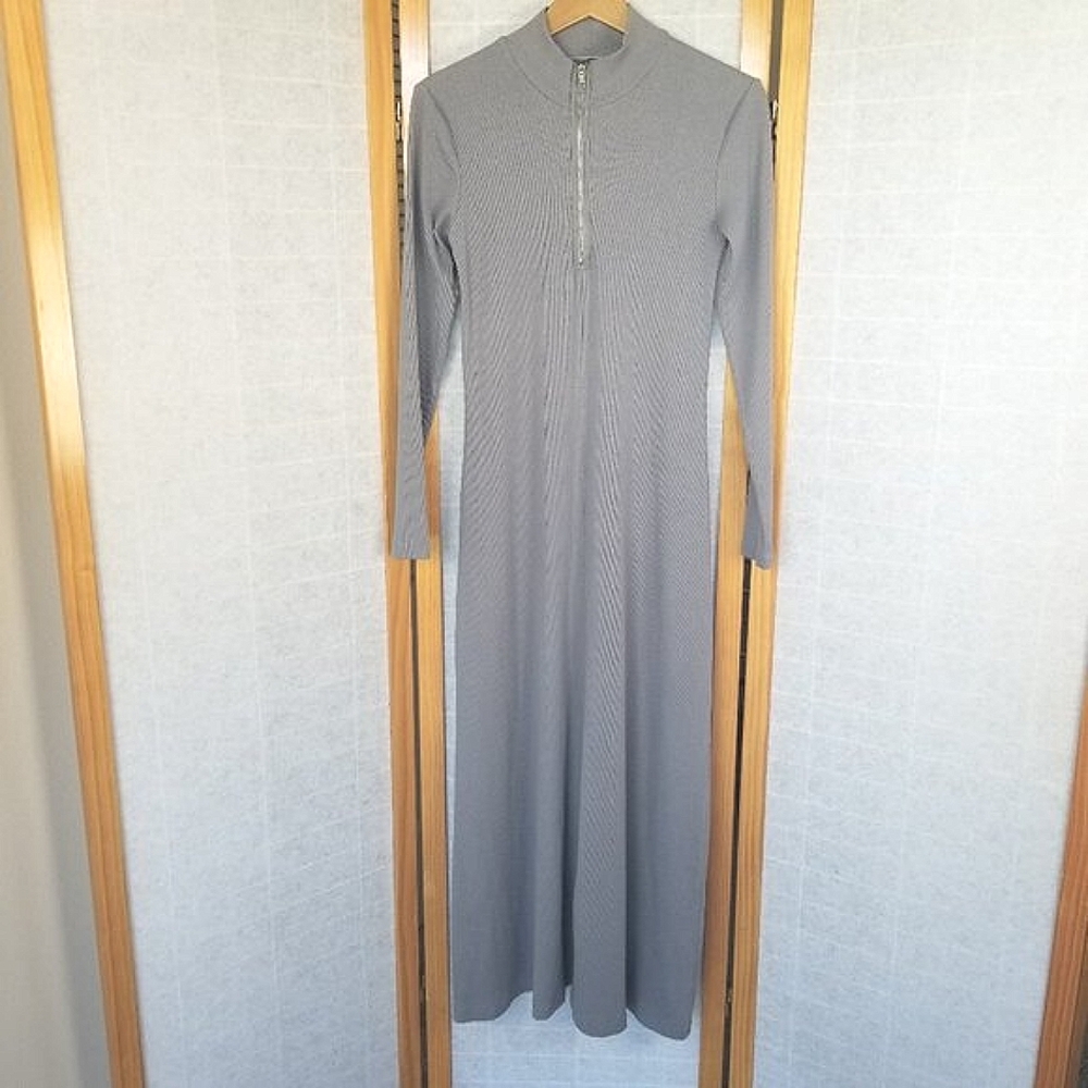 Zara Stretch Knit Ribbed Maxi Dress Size Large Gray Long Sleeves
